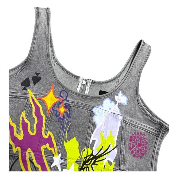 AKIRA Hand Painted CROPPED Sleeveless Denim Jean Luxury Designer Top Womens XL - Picture 4 of 7